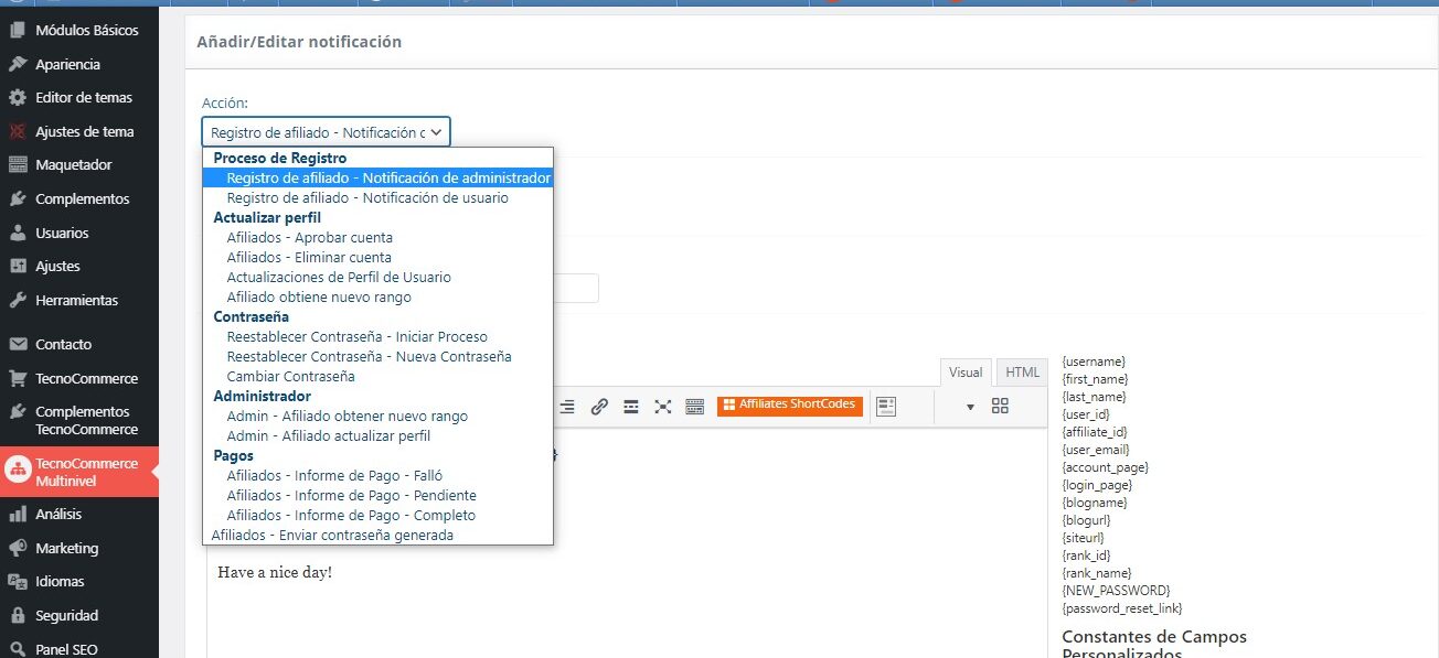 Acciones de disparo de notificaciones