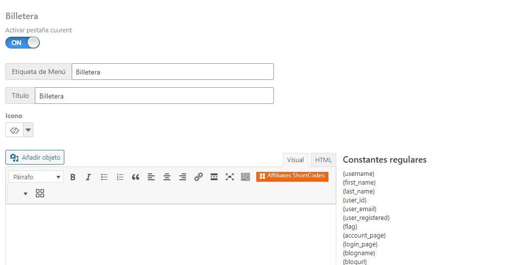 Activar Billetera en menú