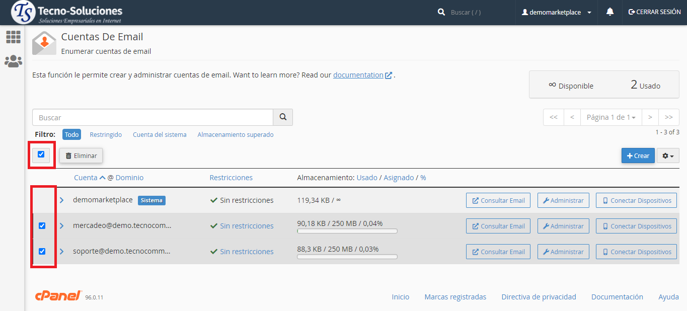 Casilla seleción cuenta correo