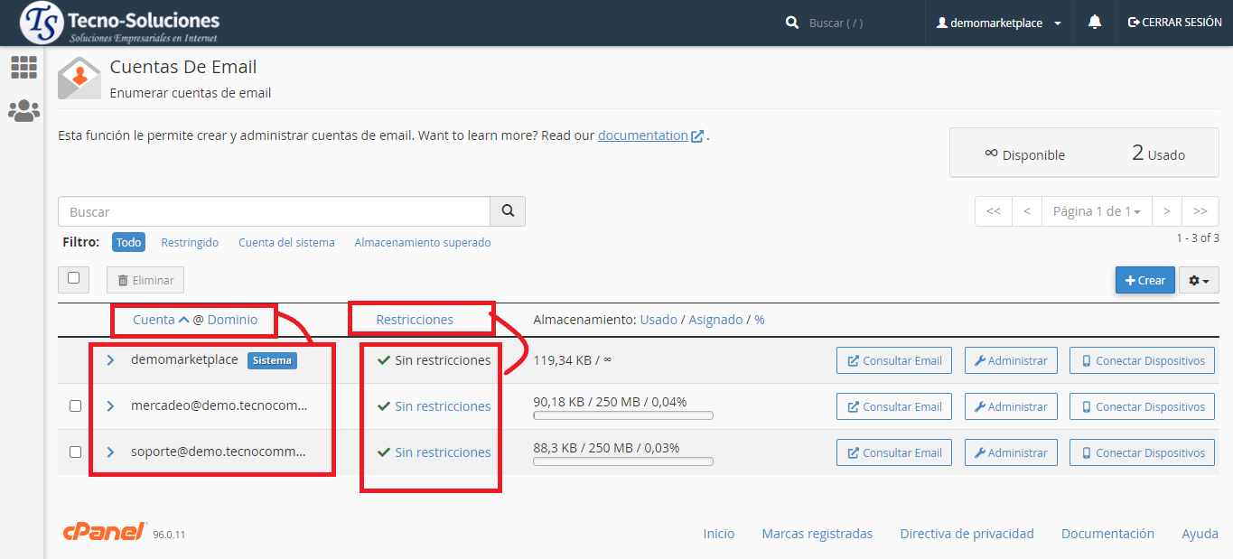 Cuenta de correo - restricciones