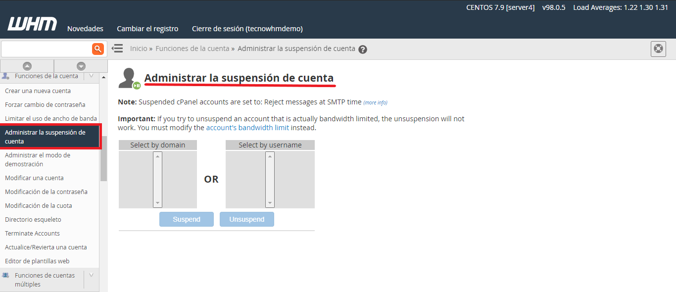 administrar suspensión de cuentas